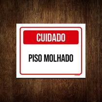 Placa Sinalização - Cuidado Piso Molhado Vermelho 27x35