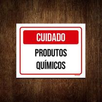 Placa Sinalização Cuidado Produtos Químicos Vermelha 18X23