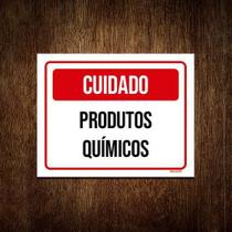 Placa Sinalização Cuidado Produtos Químicos Vermelha 36X46