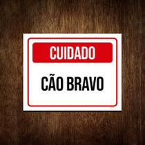 Placa Sinalização Vermelho Cuidado Cão Bravo 27x35