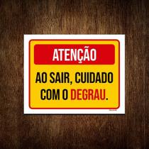 Placa Vermelha Atenção Ao Sair Cuidado Degrau 18x23