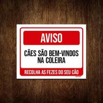 Placa Vermelha Aviso Caes São Bem Vindos Coleira 18X23