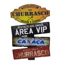 Placas Decor Cantinho Churrasco Amizade Fundo Amarelo com 3 Plaquinhas 20x30 Mdf Adesivado