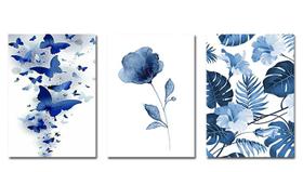Placas Decorativas Kit 3 Quadros, Imagens Flor Azul Florido Folhas 20x30