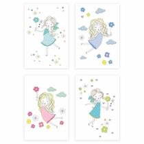 Placas Decorativas Menina e Flores MDF 20x30cm Kit 4un