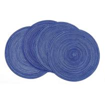 Placemats SHACOS, redondos, trançados, 38 cm, conjunto de 4, azuis e brancos