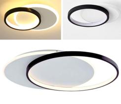 Plafon De Led Sobrepor Moderno Bivolt 110V 220V 2 Anéis Arcos Duplo Slim 47cm Preto e Branco Luz Quente Amarela 3000K Oval Redondo Para Sala Quarto