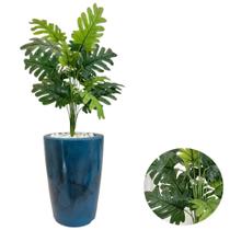 Planta Artificial Bananinha +Vaso Marmorizado Pedras Brancas