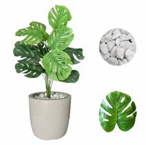 Planta Artificial Costela de Adão + Vaso Liso + Pedra Branca