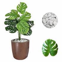 Planta Artificial Costela de Adão + Vaso Liso + Pedra Branca