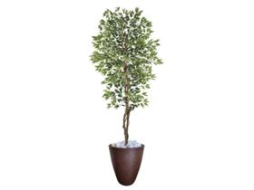Planta Artificial Ficus Verde Creme 2,10m kit + Vaso Redondo Marrom 40cm - FLORESCER DECOR
