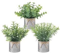 Plantas artificiais Mkono Mini em vasos de metal galvanizado, pacote com 3