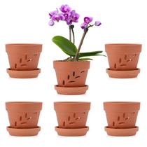 Planter JUXYES, pacote com 6 vasos de orquídeas de terracota com pires de 10 cm Planter JUXYES, pacote com 6 vasos de orquídeas de terracota com pires de 10 cm