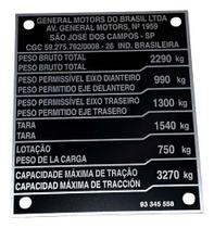 Plaqueta em alumínio Indicativa De Pesos S10 2006 A 2011 Flex powe Gm 93345558 Plaqueta em alumínio Indicativa De Pesos S10 2006 A 2011 Flex powe Gm 93345558