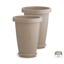 Plasmont Kit 2 Vasos Gregos Redondos Extra Grande 32L com Prato Plástico Resistente Decorativo Jardim Varanda