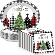 Platos ovalados de papel para Navidad 28 cm con cuadro escocés negro y rojo, 50 unidades Platos ovalados de papel para Navidad 28 cm con cuadro escocés negro y rojo, 50 unidades