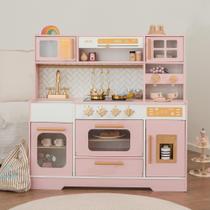 Play Kitchen bpmfkid Pink Wooden com eletrodomésticos e mais de 15 acessórios Play Kitchen bpmfkid Pink Wooden com eletrodomésticos e mais de 15 acessórios