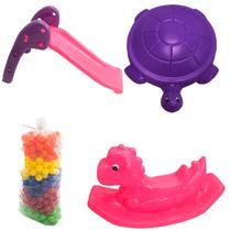 PLAYGROUND completo Gangorra Dino Roxo+ Esc Baby 2 degraus Rosa c/Roxo+ 200 BOLAS + Tanque Jabuti - Areia Água e Bolinhas - Roxo