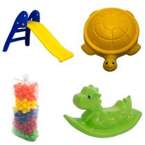 PLAYGROUND completo Gangorra Dino verde + Esc Baby 2 degraus Amarelo + 200 BOLAS + Tanque Jabuti Para Areia Água e Bolinhas - amar