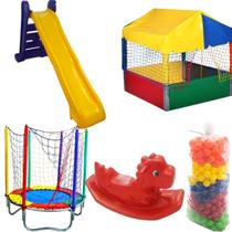 Playground Escorrega GRANDE 4 degraus + Cama Elástica Infantil 1,40 + Piscina Casinha1,5 + 1000 BOLAS + Gangorra Dino Rex- Variação Amar