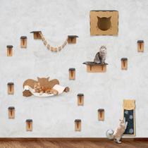 Playground Gatos Kit 18 Peças Prateleira Nicho Arranhador Parede Escadinha Circuito com Carpete
