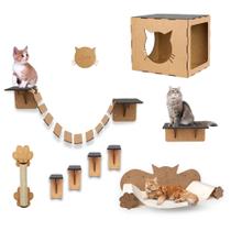 Playground Para Gatos 9 Peças Brinquedo de Gato com Arranhador Nicho Ponte Degrau Rede em Mdf - Box Fan