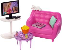 Playset Barbie, móveis de interior, sala de estar com gatinho