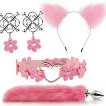 Plug Anal C/ Calda de Pelúcia Raposa, Tiara Orelha de Pelúcia, Par de Grampos, choker Kit 4em1