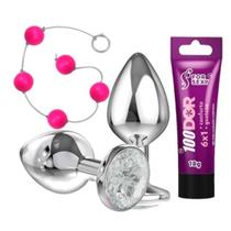 Plug anal de aço com cristal + bolinha tailandesa + 100dor dessensibilizante 6x1