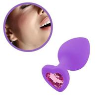 Plug Anal em Silicone Base Coração Médio Roxo com Pedra Rosa