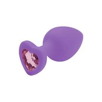 Plug Anal em Silicone Base Coração Médio - Roxo com Pedra Rosa