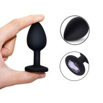 Plug Anal em Silicone Tamanho M 8,0cm x 3,4cm Preto com Pedra Rosa Pequeno e Confortável