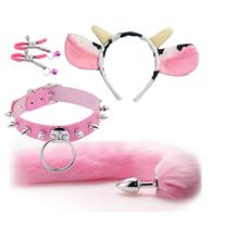 Plug Anal P Calda de Raposa + Tiara de Vaquinha + Coleira + Prendedor de Mamilo, Kit 4 em1 Sex Shop