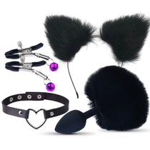Plug Anal Pompom Preto C/ Tiara de Orelhas de Gato + Grampos p/ Seios em Metal e Gargantilha