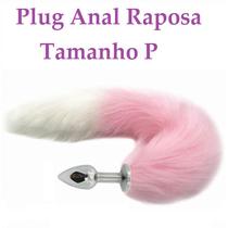 Plug anal tamanho p inox cauda raposa 35cm rosa e branco