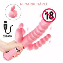 Plug Anal Vibrador Feminino 3 em 1 com Plug e Estimulador 12 Vibrações - Sex Shop
