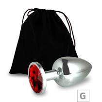 Plug de metal g cromado com strass 8cm pedra vermelho