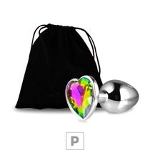 Plug de metal p com pedra rgb formato de coração 6cm