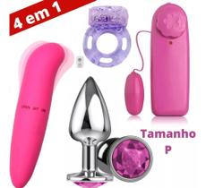 Plug Dilatador Anal Aço com Jóia + Vibro Bullet Cápsula+ Vibrador Feminino Ponto G+ Anel Peniano