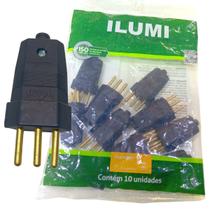 Plug Macho com 3 Pinos para Tomada 10a Cabo Extensão Preto Kit 10 unidades