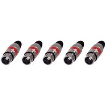 Plug Xlr Canon Fêmea Tipo Neutrik 3 Pinos Vermelho - Pacote Com 5 Peças