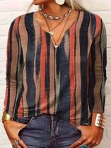plus Size Feminino 1xl-8xl Casual Decote Em V Listrado Manga Comprida Respirável Camiseta Blusa