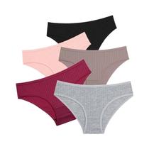 Plus Size Feminino Algodão Com Nervuras Listrado Estiramento Briefs 5 Peças Conjunto Lingerie Macia