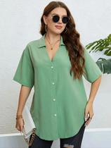 plus Size Feminino Camisa Coreana Manga Curta Gola Virada Para Baixo Casual Elegante Blusa De