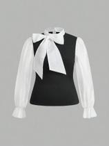 plus Size Feminino Elegante Contraste Laço Manga Longa a Linha Camisa De Trabalho De Escritório