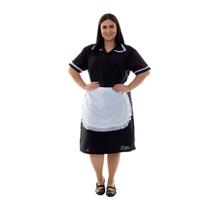 Plus Size - Vestido em Tecido Oxford Com Avental e Detalhes em Bordado Ingles para Copeira, Faxineira, Doméstica