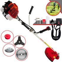 Podador de Grama À Gasolina Kawashima KW43-L 43cc 1,7HP 10.000rpm Motor 2T Roçadeira Multifuncional Completa Com Carretel de Nylon + Faca 3 Pontas + Faca Circular 40 Dentes + Escova de Aço 38 Cerdas