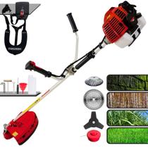 Podador de Grama À Gasolina Kawashima KW52-L 52cc 2,5HP 10.000rpm Motor 2T Roçadeira Multifuncional Completa Com Carretel de Nylon + Faca 3 Pontas + Faca Circular 40 Dentes + Escova de Aço 38 Cerdas