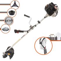 Podador de Grama À Gasolina Kawashima KW52-LE 52cc 2,5HP 10.000rpm Motor 2T Roçadeira Multifuncional Completa Com Carretel de Nylon + Faca 3 Pontas + Faca Circular 40 Dentes + Escova de Aço 38 Cerdas