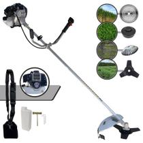 Podador de Grama À Gasolina Toyama TBC43-H 43cc 1,7HP 12.000rpm Motor 2T Roçadeira Multifuncional Completa Com Carretel Nylon + Faca 3 Pontas + Faca Circular 40 Dentes Vídea + Escova de Aço 38 Cerdas